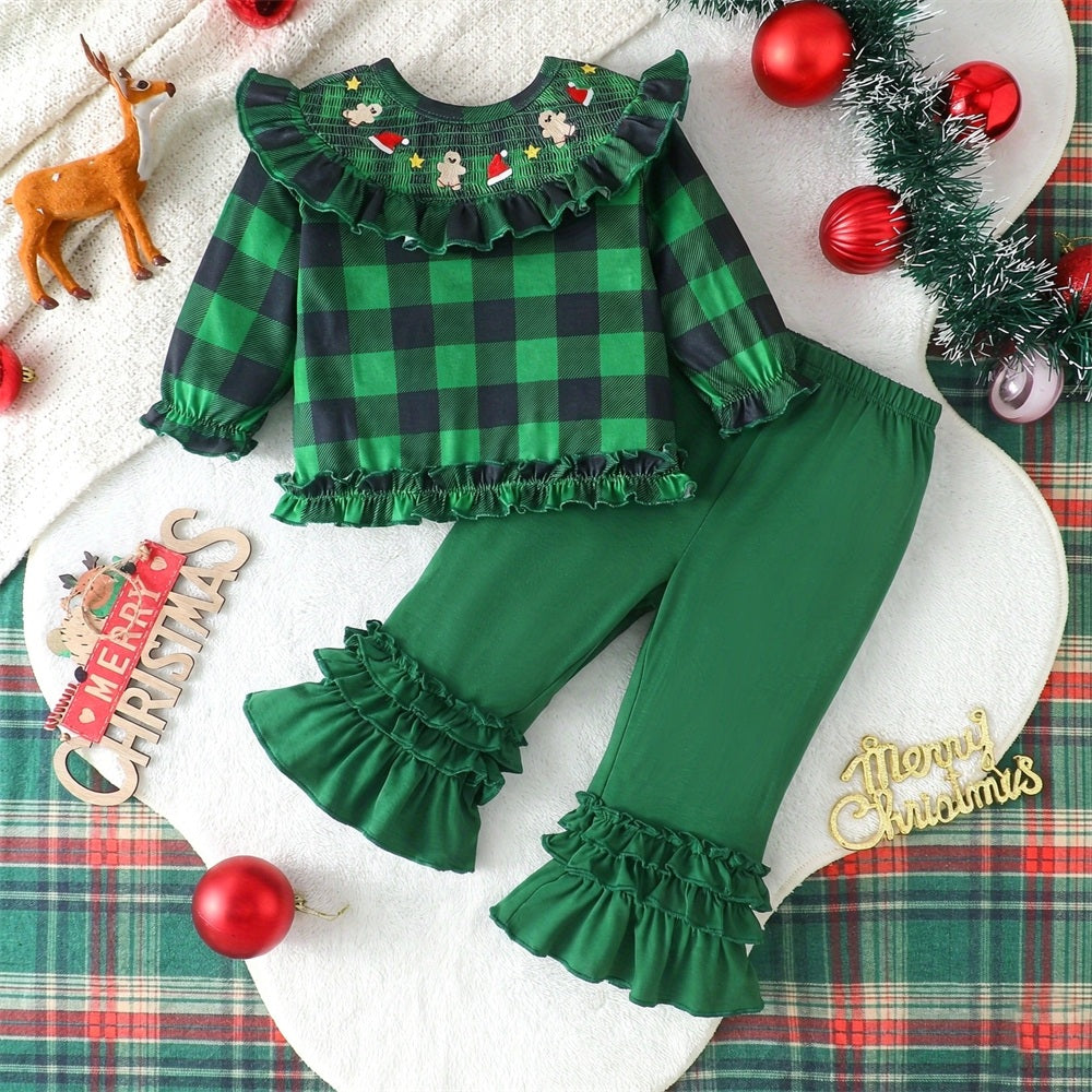 2PCS Christmas Plaid Printed Gingerbread Santa Hat Embroidery Baby Set