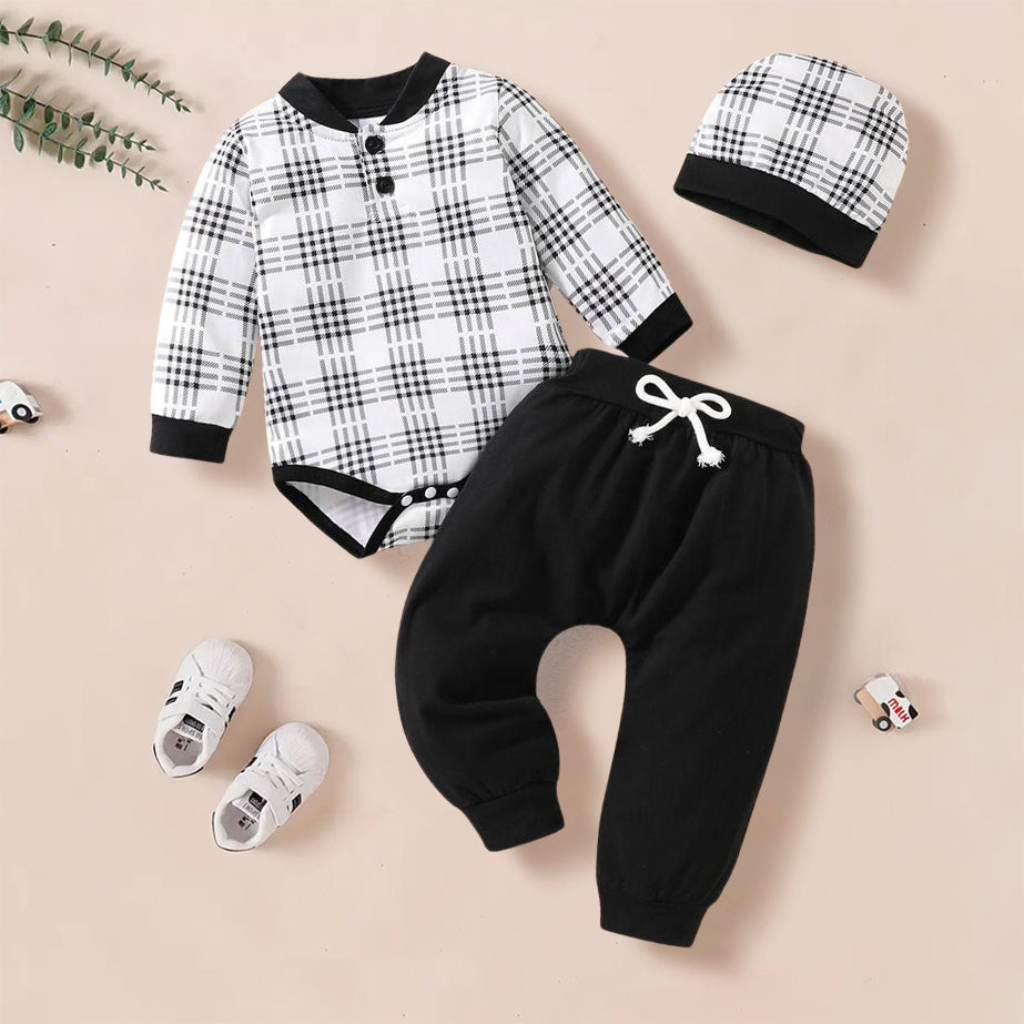 3PCS Stylish Plaid Print Long Sleeve Baby Boy Set