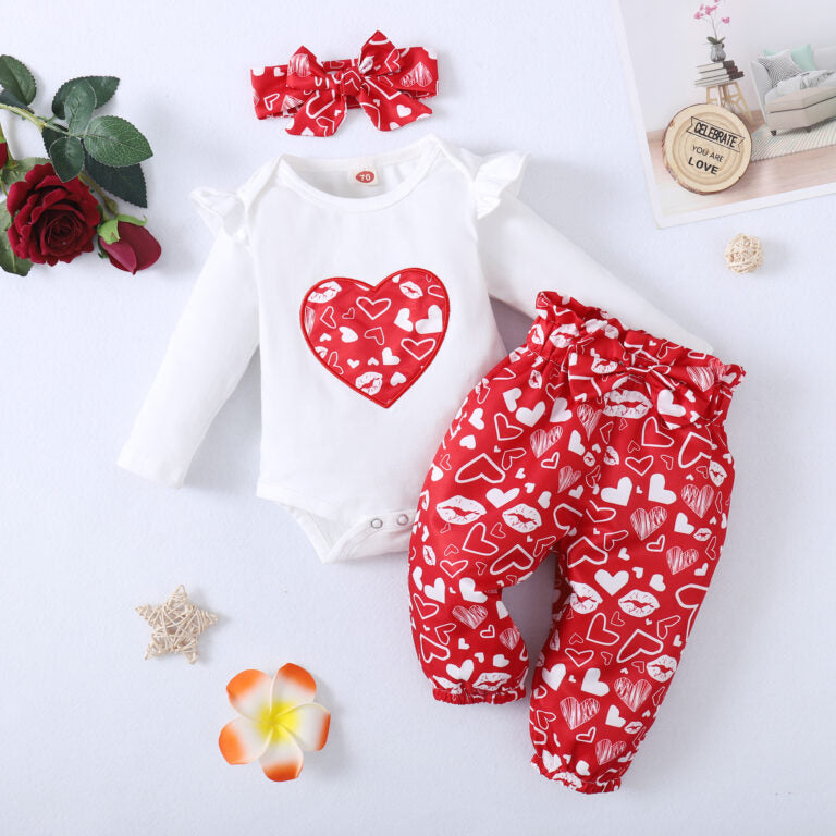 3PCS Fashionable Heart Print Long Sleeve Baby Set