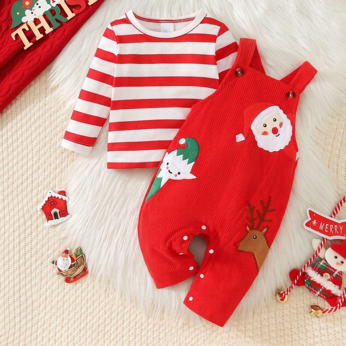 2PCS Christmas Stripe Printed Santa Claus Embroidery Overalls Baby Set