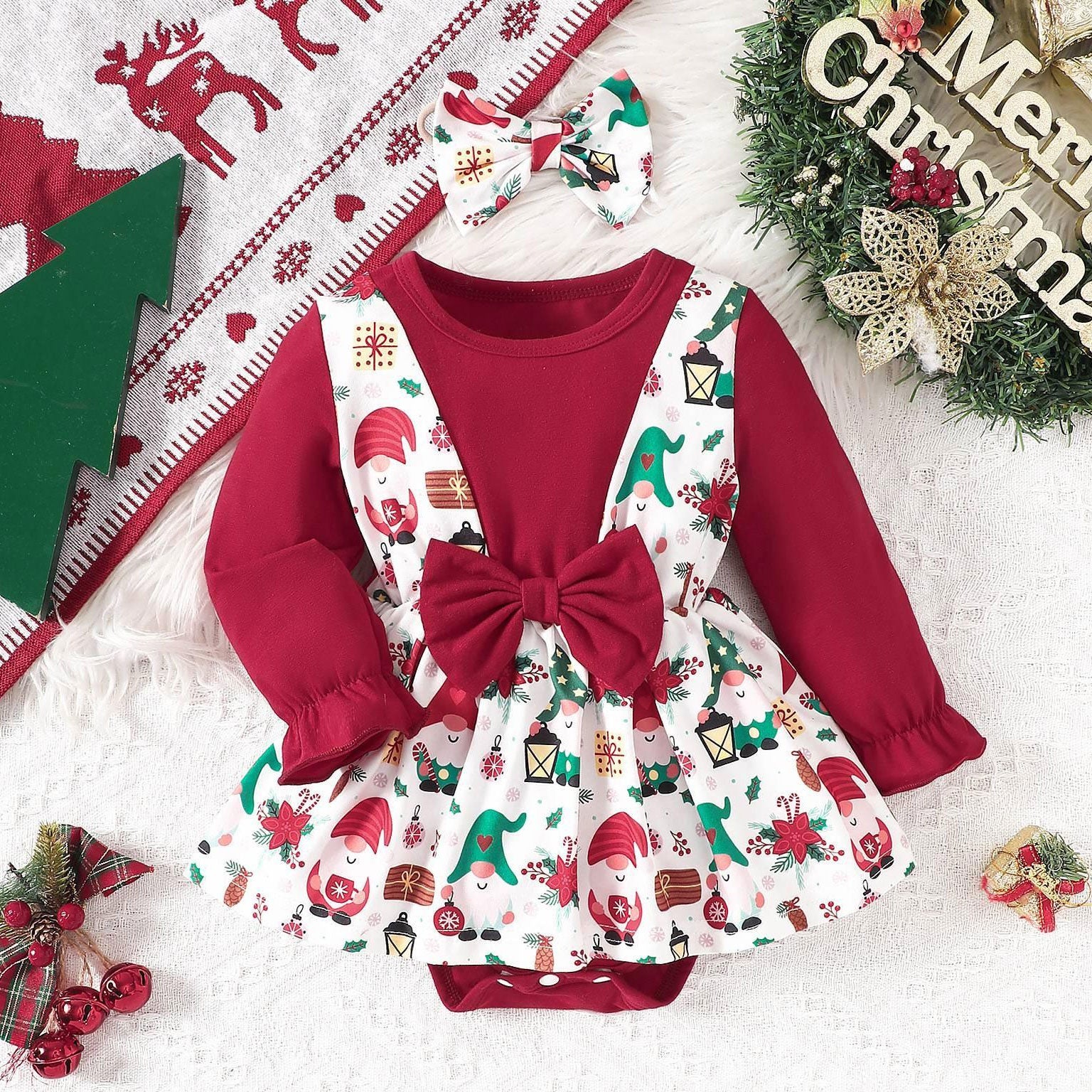2PCS Whimsical Christmas Print Long Sleeve Baby Girl Romper