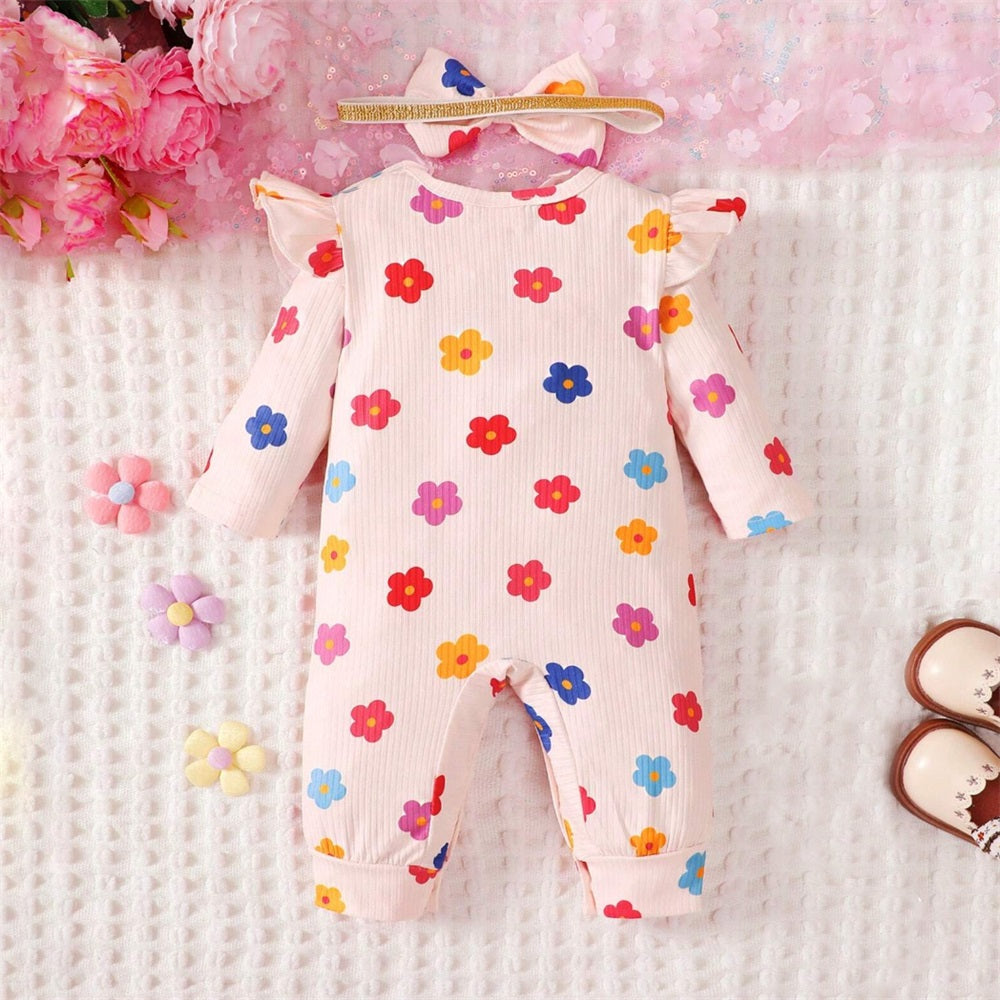 2PCS Cute Floral Print Long Sleeve Baby Jumpsuit
