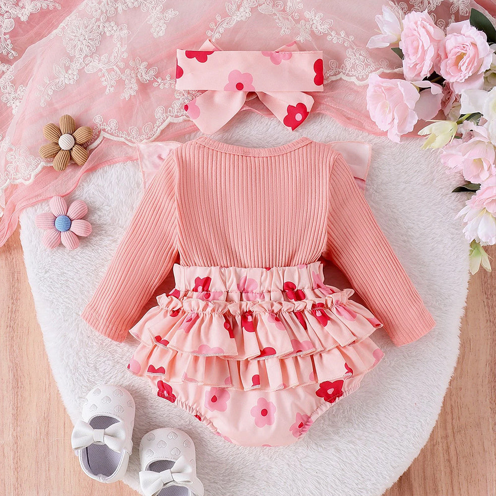 2PCS Adorable Floral Printed Bow Baby Girl Romper