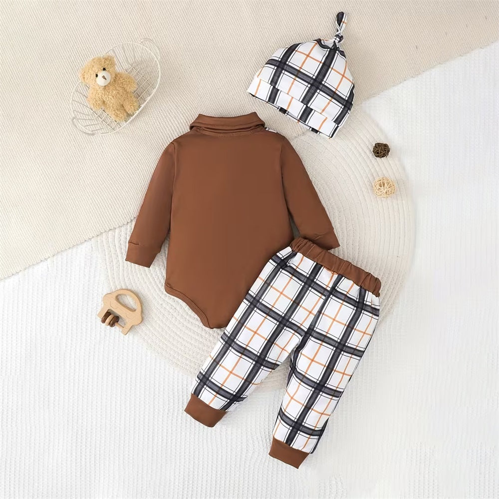 3PCS Casual Bear Embroidery Plaid Long Sleeve Baby Set