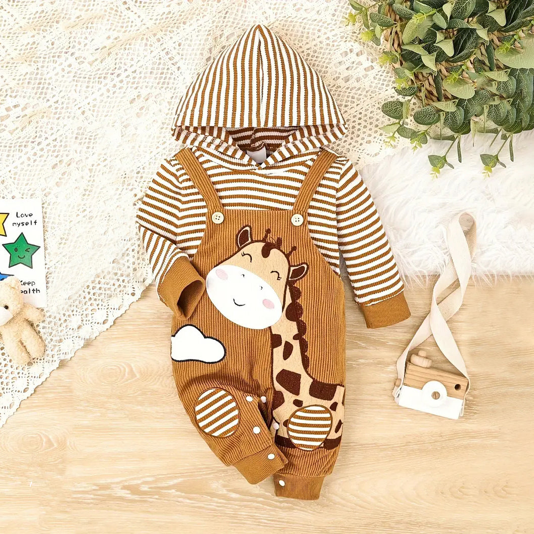 Cute Cartoon Giraffe and Stripe Printed Hoodie Long Sleeve Baby Jumpsuit