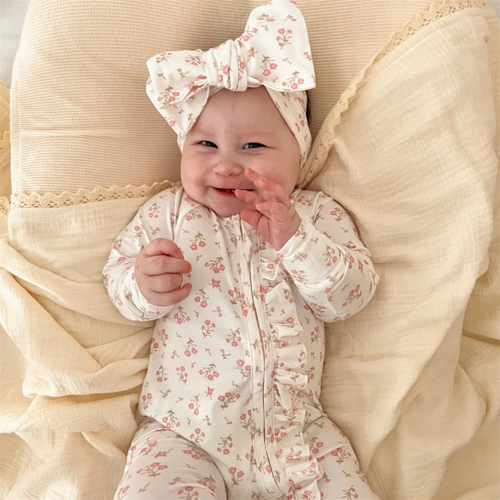 2PCS Pretty Floral Print Long Sleeve Frill Baby Jumpsuit