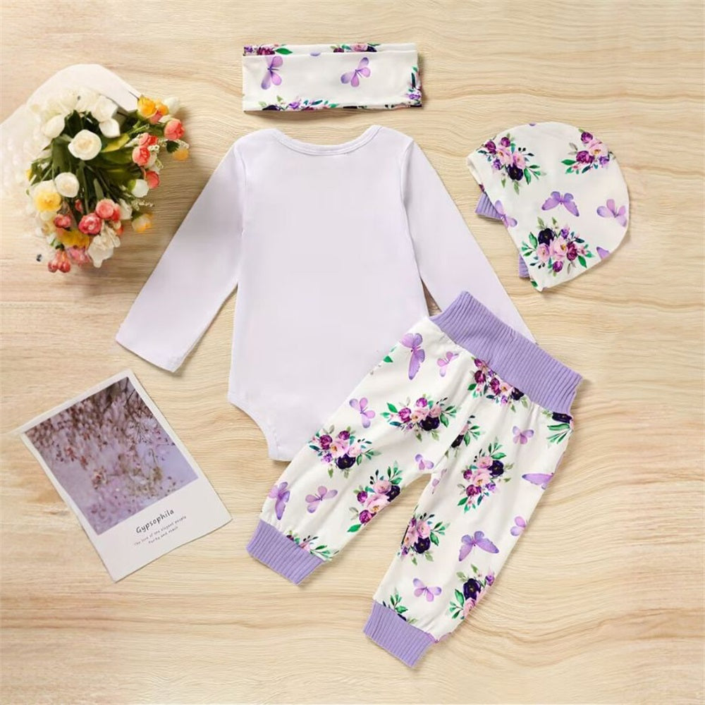 4PCS Butterfly and Floral Printed Long Sleeve Baby Set