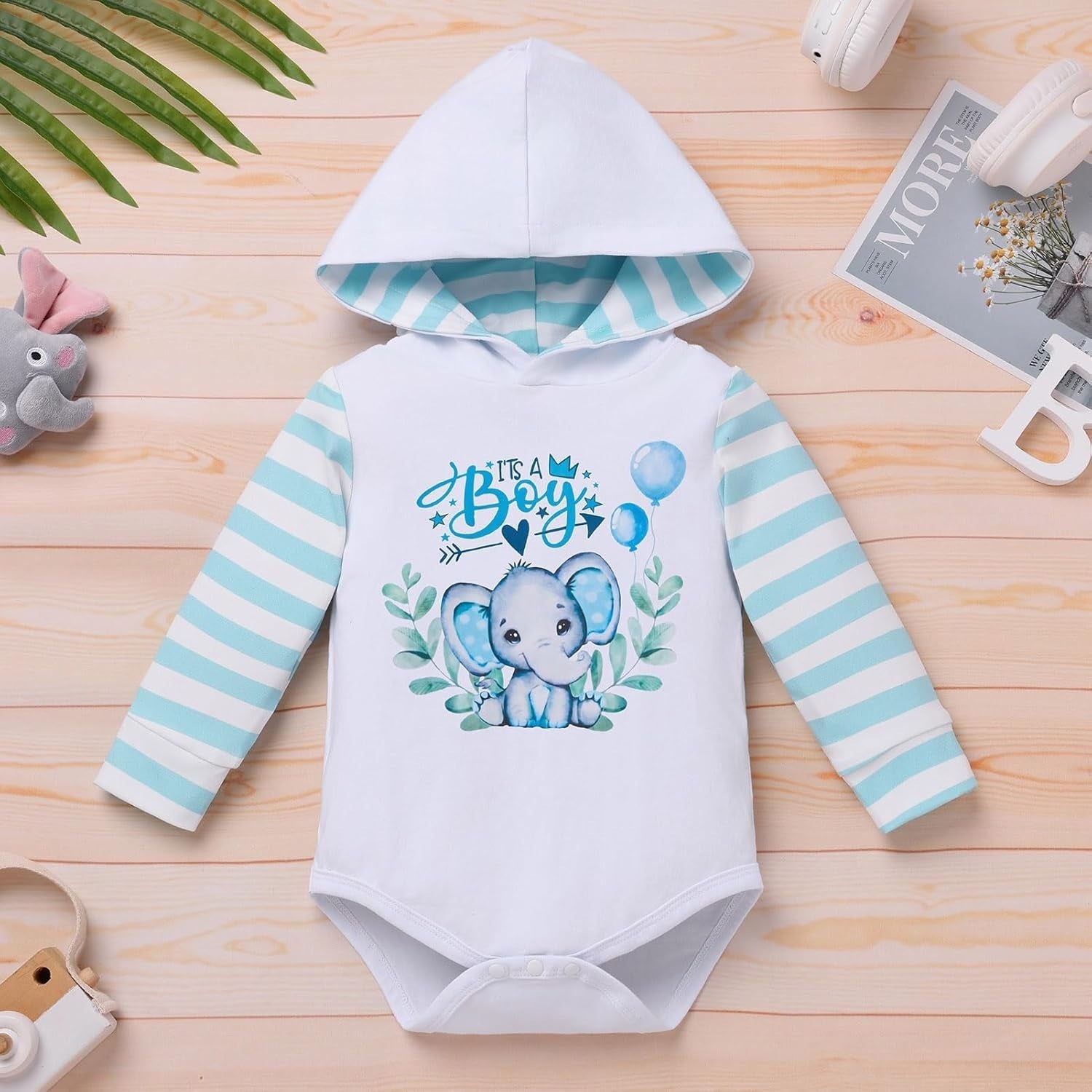 2PCS It's A Boy Letter Elephant Stripe Printed Hoodie Baby Set