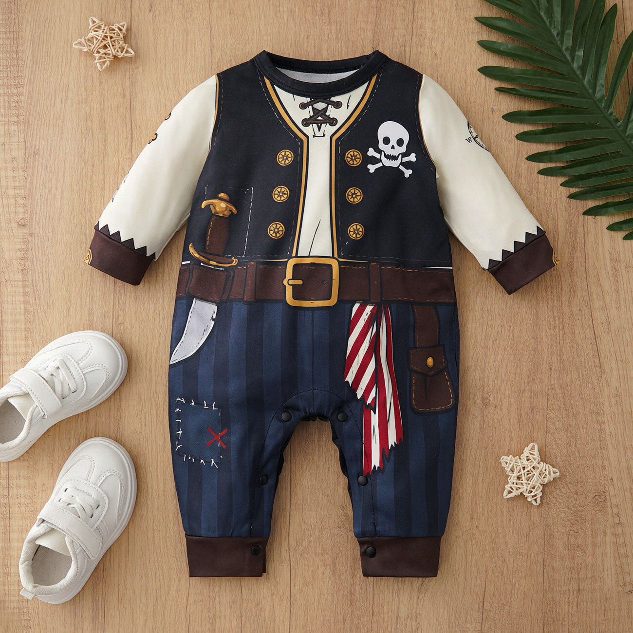 Stylish Halloween Pirate Theme Printed Long Sleeve Baby Jumpsuit