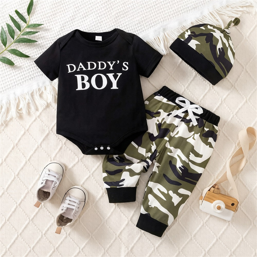 3PCS Daddy's Boy Letter Printed Short Sleeve Camouflage Baby Set