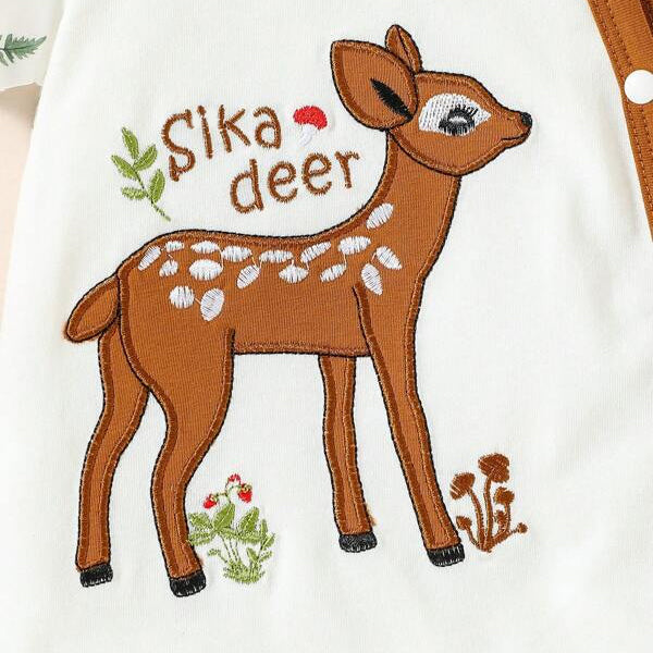 Baby Girl Allover Cartoon Deer Print Short-sleeve Jumpsuit