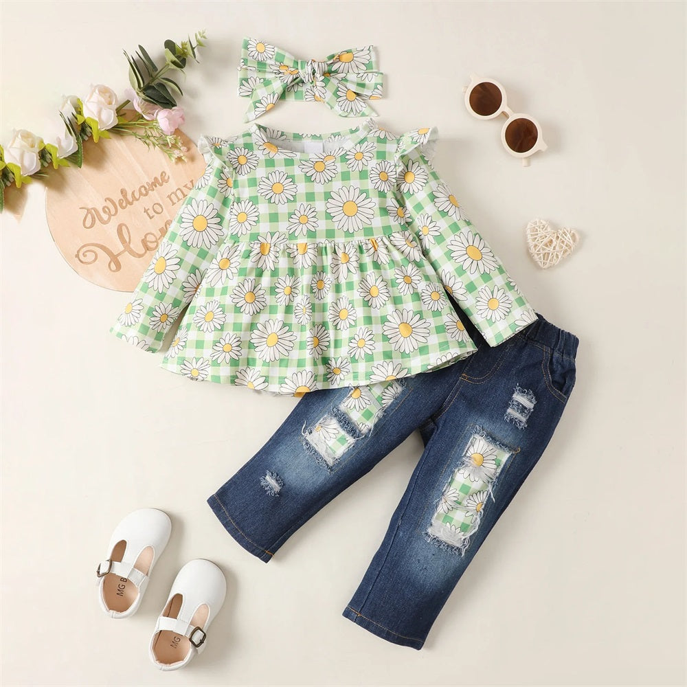 3PCS Floral Plaid Top Ripped Jeans Pants Baby Set