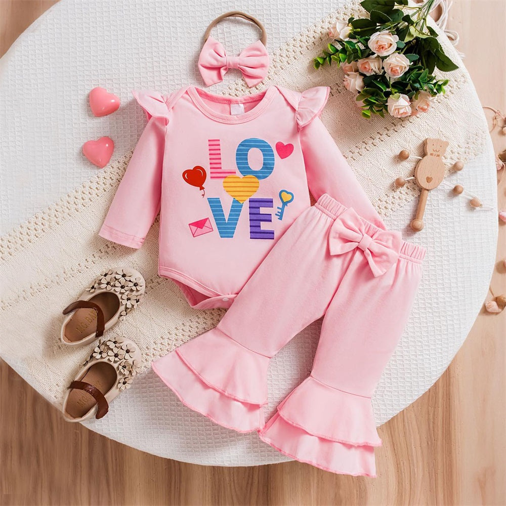 3PCS LOVE Letter Print Long Sleeve Baby Set