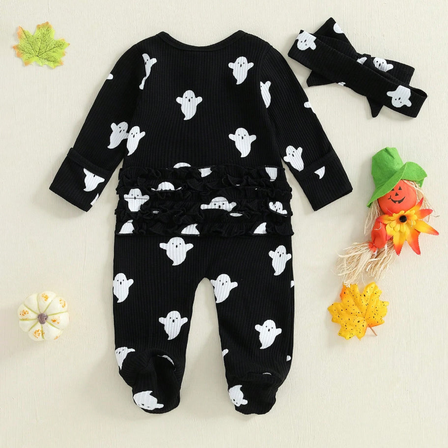 2PCS Halloween Ghost Printed Zipper Baby Jumpsuit