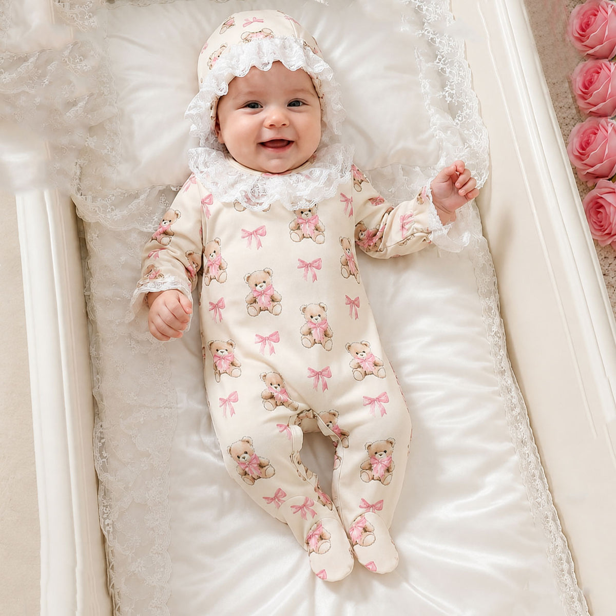 2PCS Lovely Teddy Bear and Bow Print Long Sleeve Baby Jumpsuit
