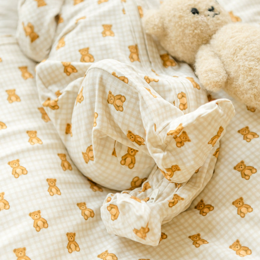 2PCS Bear Plaid Printed Long Sleeve Zipper Baby Jumpsuit