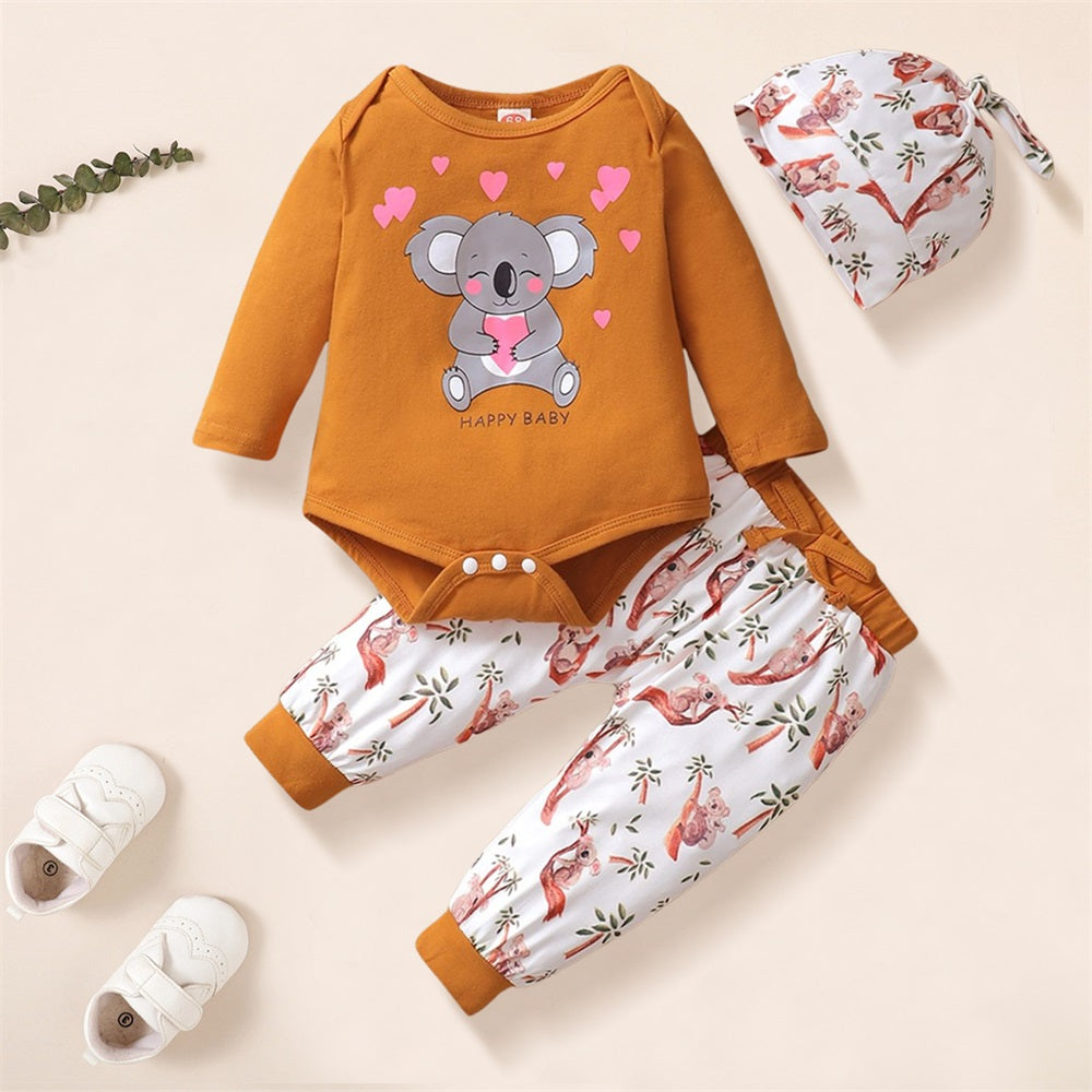 3PCS Cute Cartoon Koala Print Long Sleeve Baby Set
