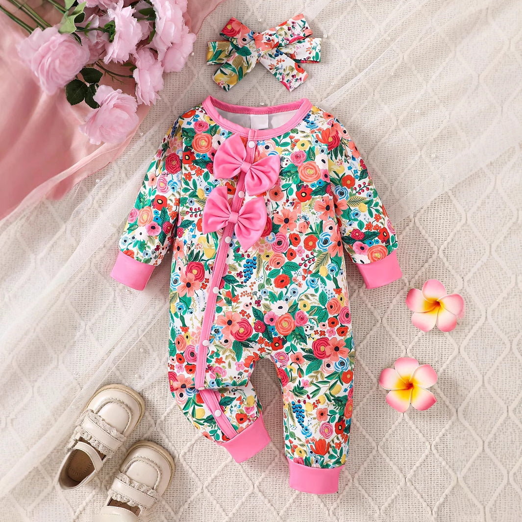 2PCS Lively Floral Printed Baby Jumpsuit
