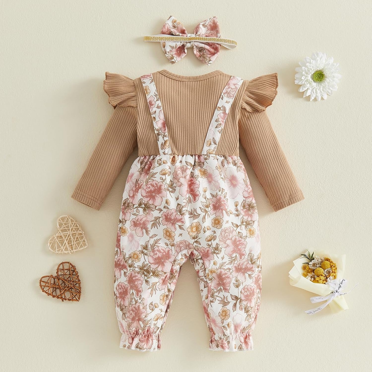 2PCS Classy Floral Printed Long Sleeve Baby Girl Jumpsuit