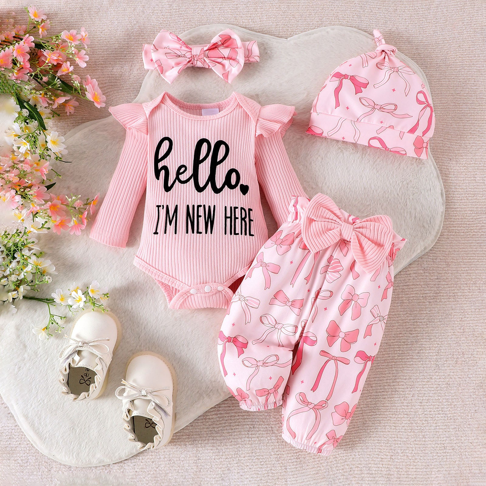 4PCS Hellow I'm New Here Letter Bow Print Baby Set