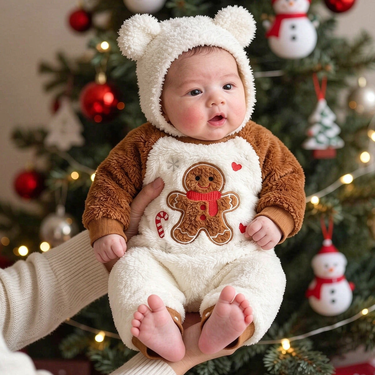 2PCS Lovely Gingerbread Cane Candy Embroidered Fleece Baby Jumpsuit