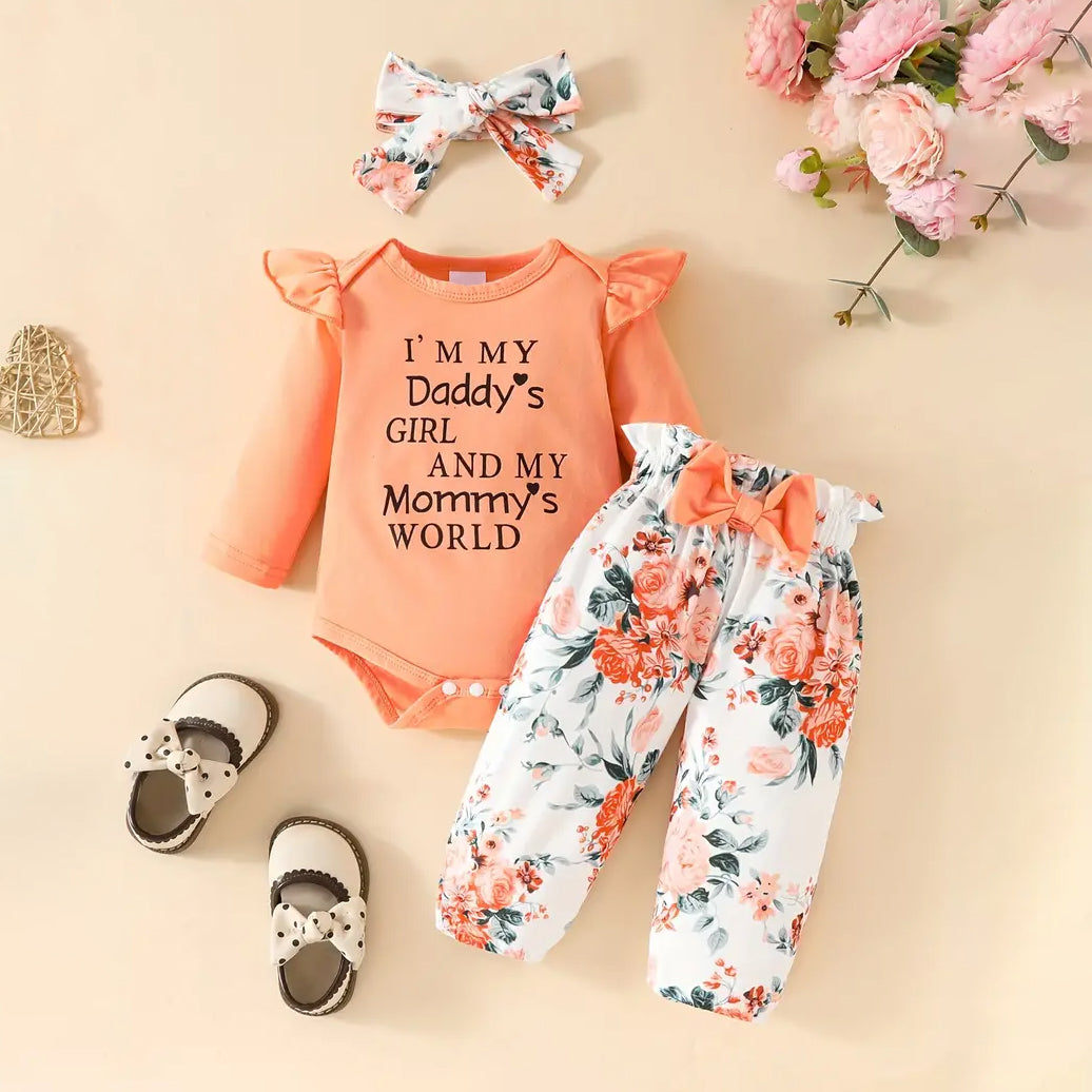 3PCS I'M My Daddy's Girl Letter Floral Printed Baby Set