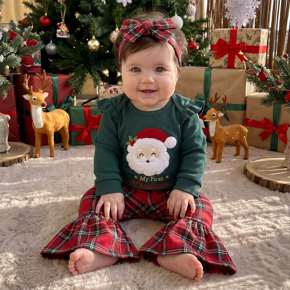 3PCS My First Christmas Letter Embroidery Santa Plaid Print Baby Girl Set