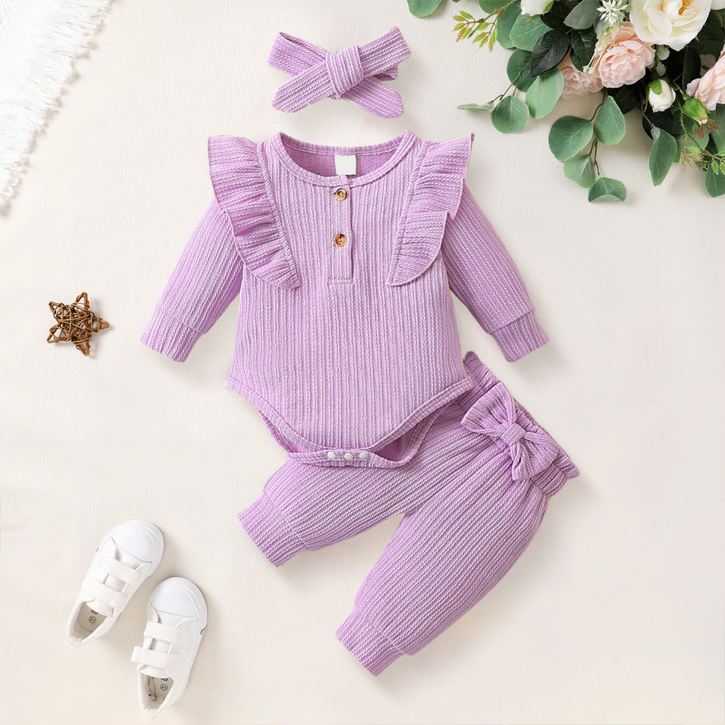 3PCS Solid Color Ruched Trim Long Sleeve Baby Set
