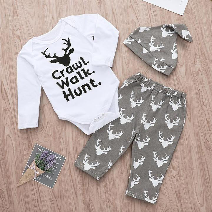 Baby Boys Girls Deer Printed Romper with Pants Hat Set