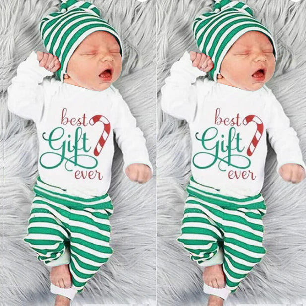 4PCS Best Gift Ever Letter Stripe Printed Baby Set