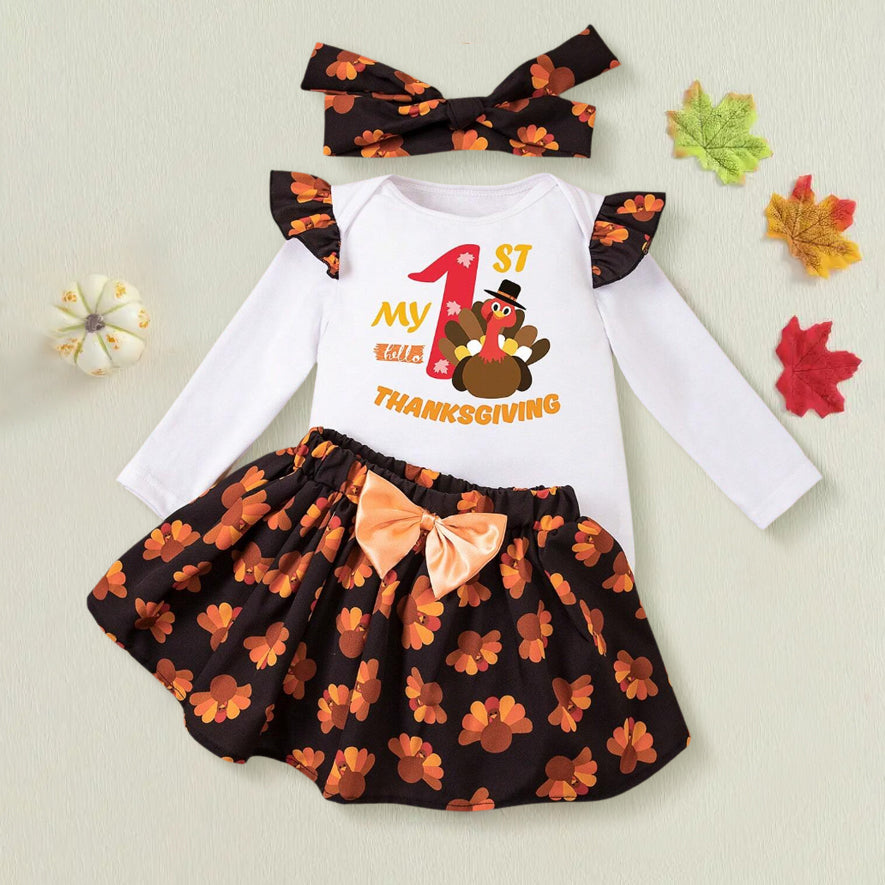 3PCS My 1st Thanksgiving Letter Turkey Printed Baby Skirt Set