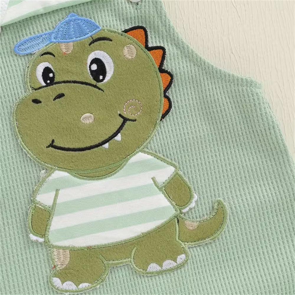 3PCS Casual Dinosaur Print Striped Long Sleeve Baby Overalls Set