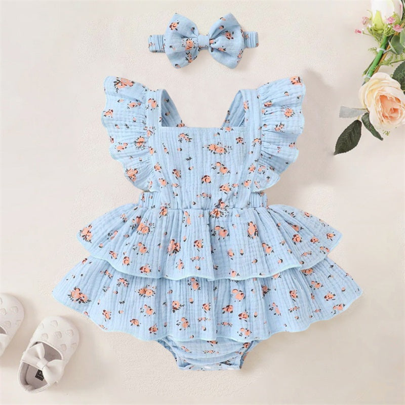 2PCS Cute Floral Printed Fly Sleeve Baby Romper