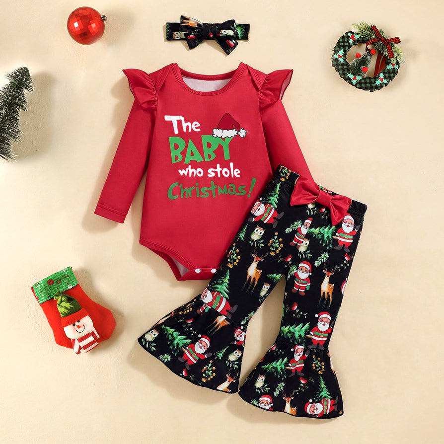 3PCS The Baby Who Stole Christmas Letter Printed Baby Flare Pants Set