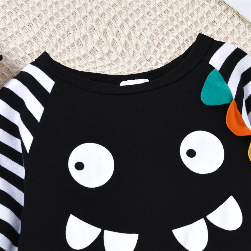 2PCS Little Monster Print Striped Long Sleeve Baby Jumpsuit