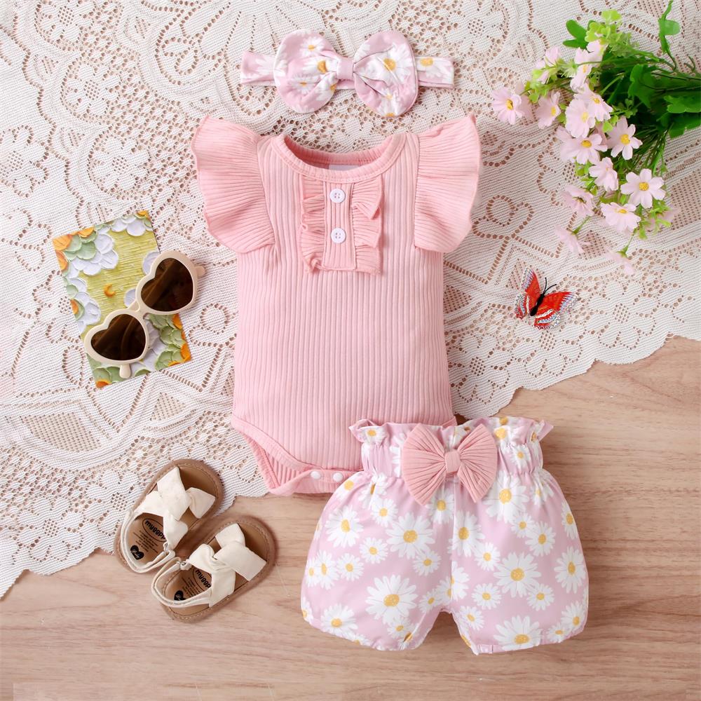 3PCS Lovely Floral Printed Sleeveless Baby Set