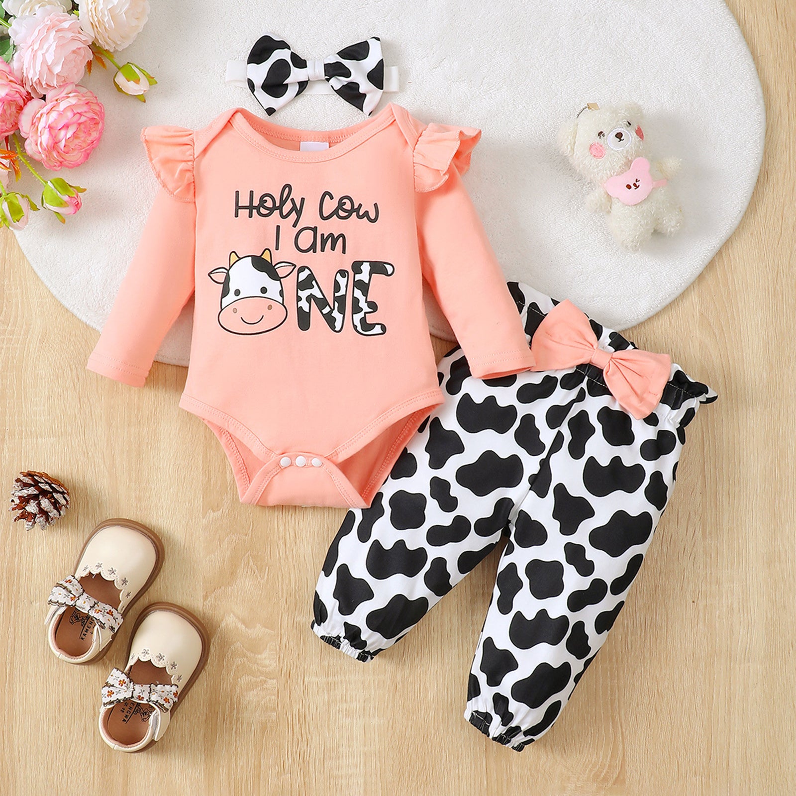 3PCS Holy Cow I Am One Letter Cow Printed Long Sleeve Baby Set