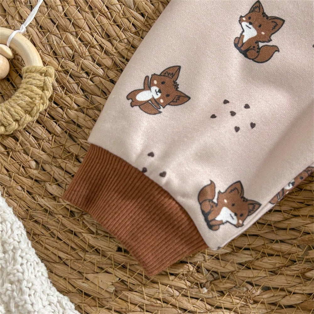 2PCS Cute Fox Print Plush Long Sleeve Baby Hooded Set
