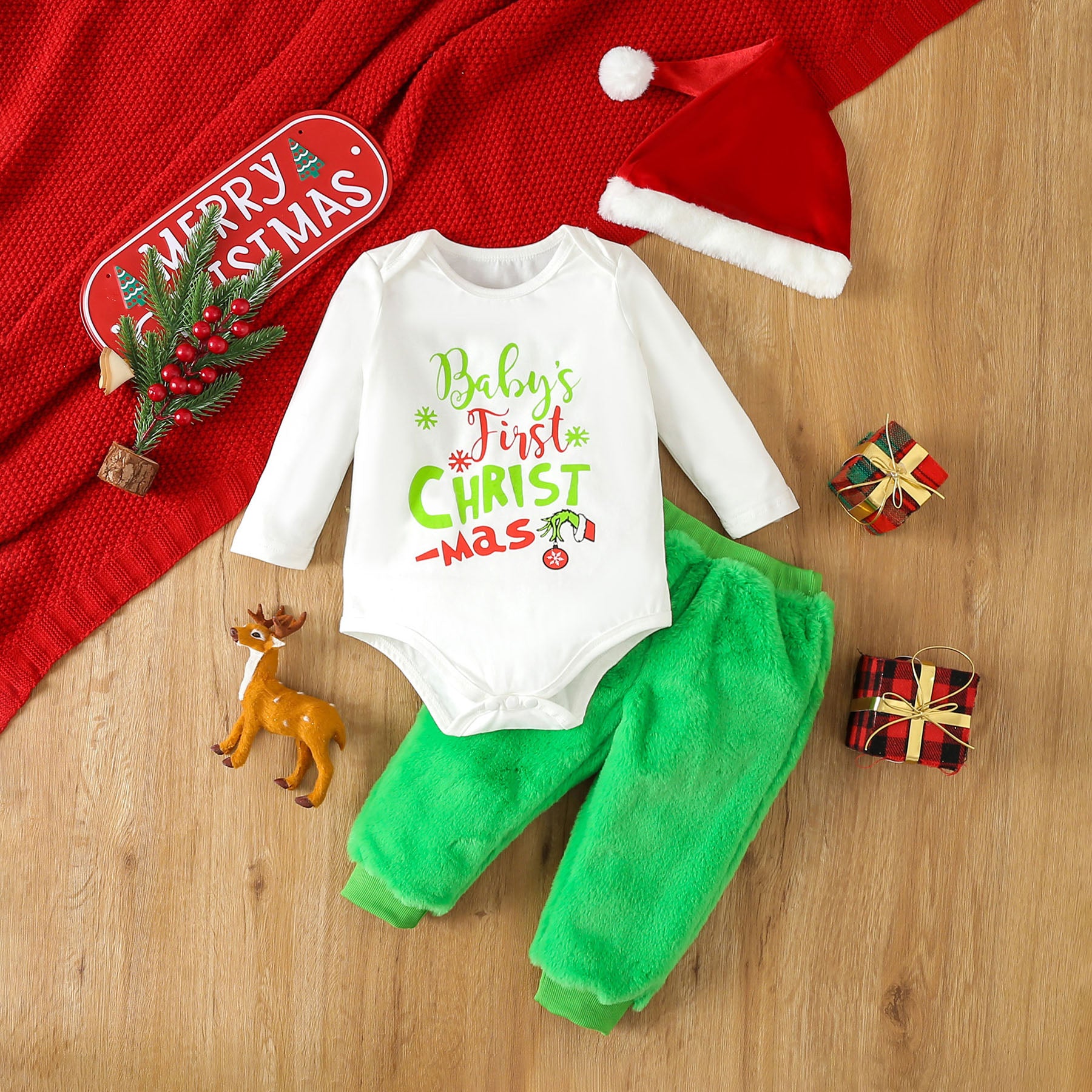3PCS Baby First Christmas Letter Printed Fuzzy Baby Set