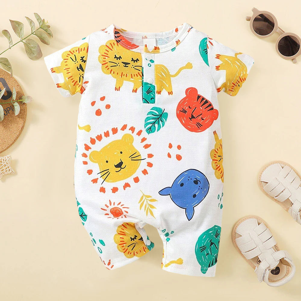 Cute Cartoon Animals Printed Short Sleeve Baby Jumpsuit