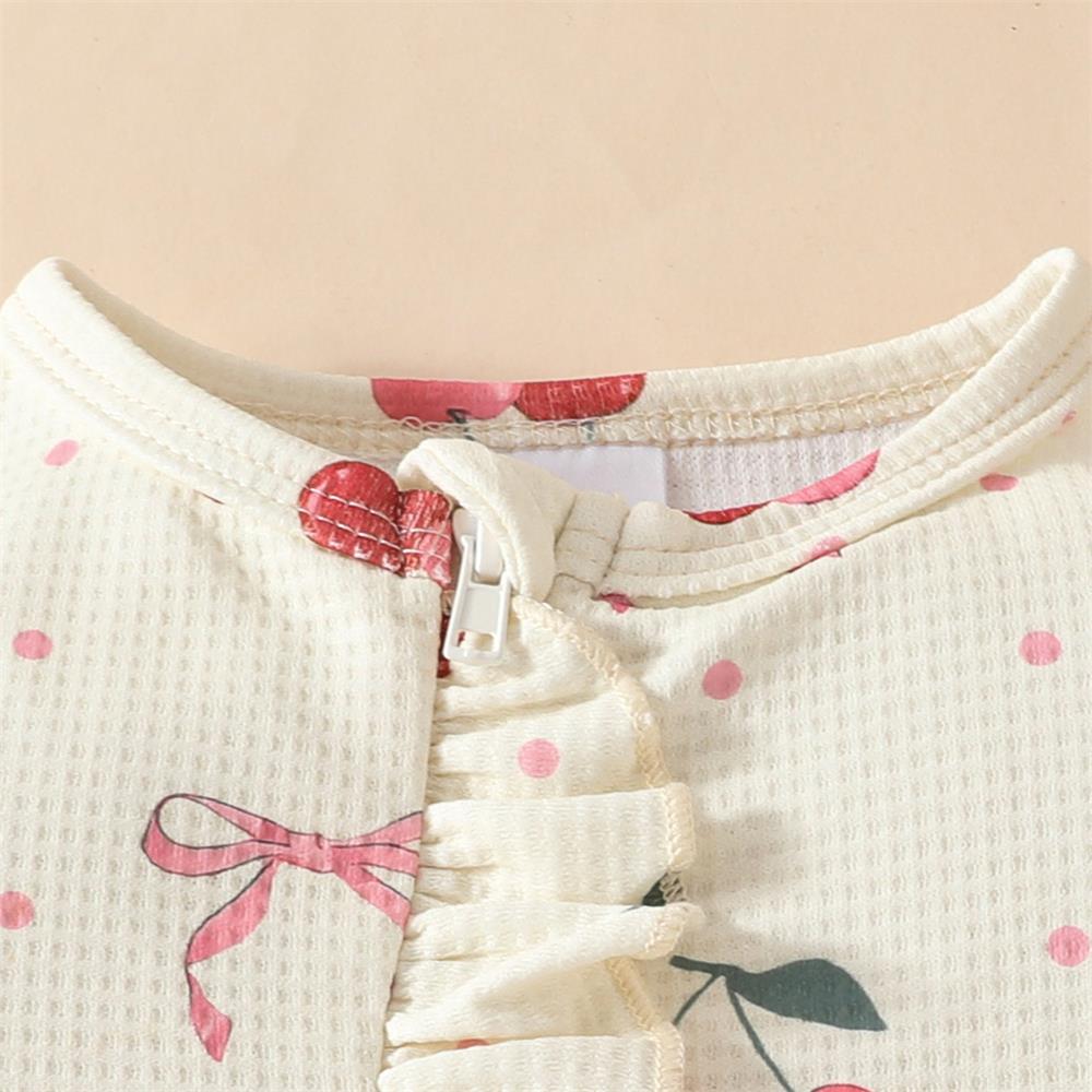 2PCS Cherry and Bow Print Ruffle Long Sleeve Baby Jumpsuit