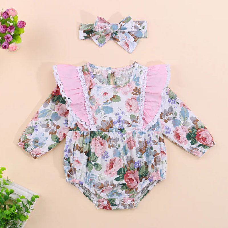 2PCS Romantic Floral Printed Long Sleeve Baby Romper