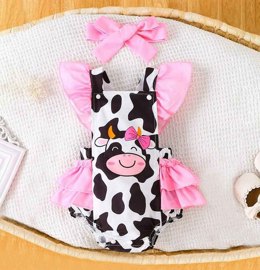 2PCS Cute Cow Printed Fly Sleeve Baby Romper