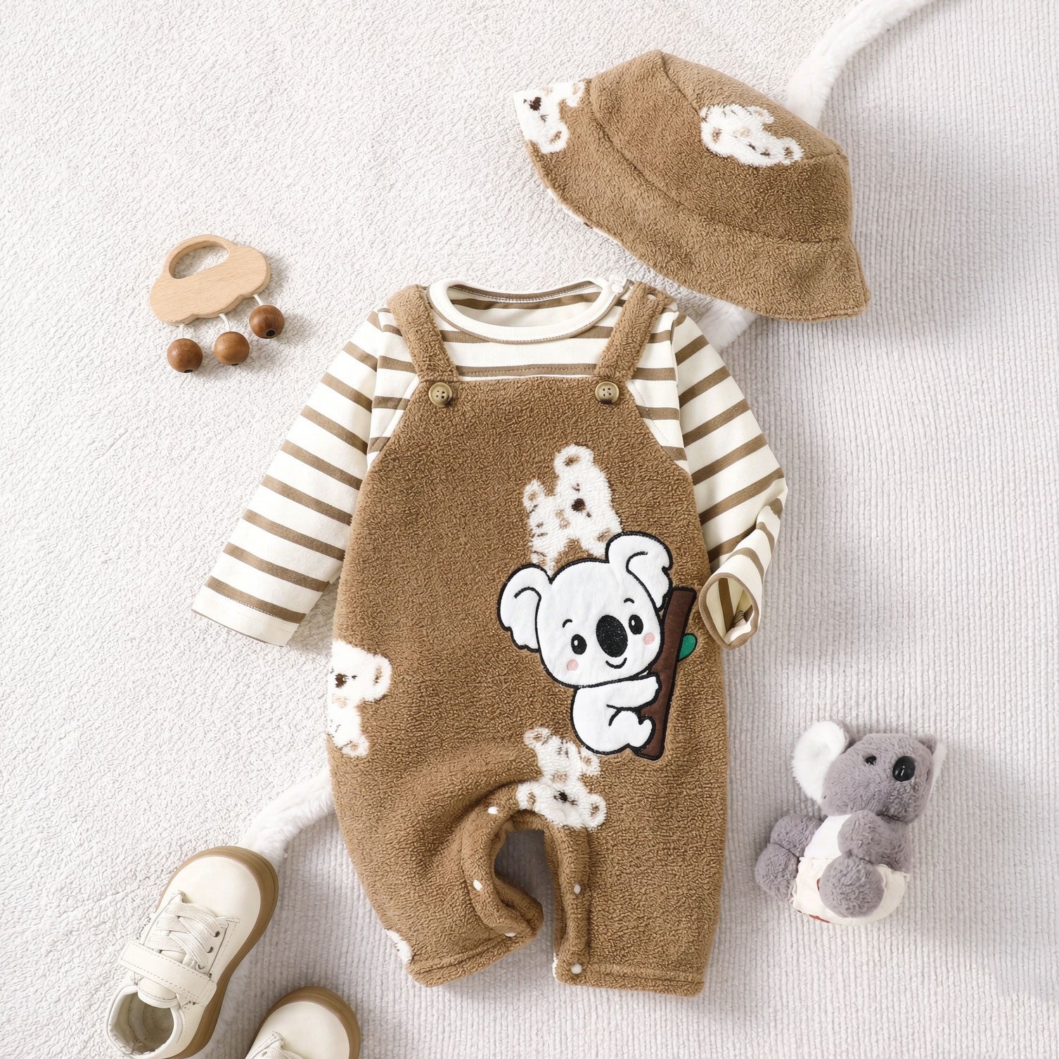 2PCS Faux-Layered Koala and Stripe Printed Baby Sherpa Jumpsuit