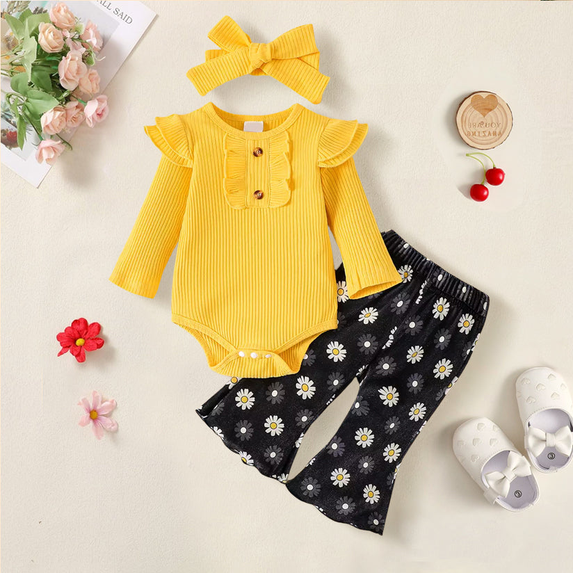 3PCS Stylish Cute Floral Print Long Sleeve Baby Set