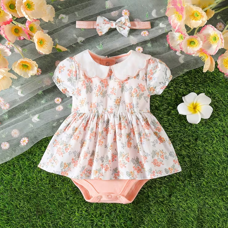 2PCS Floral Print Short Sleeve Baby Girl Romper