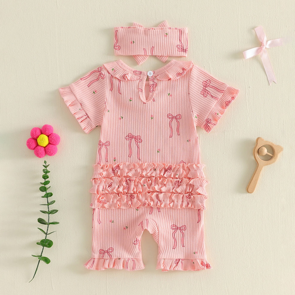 2PCS Elegant Bow Print Short Sleeve Baby Jumpsuit