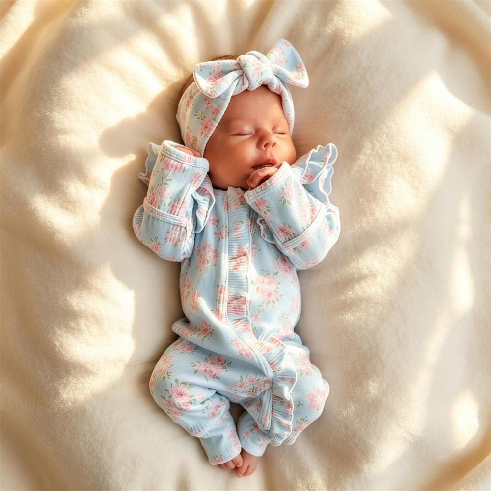 2PCS Quirky Floral Printed Long Sleeve Zipper Baby Girl Jumpsuit