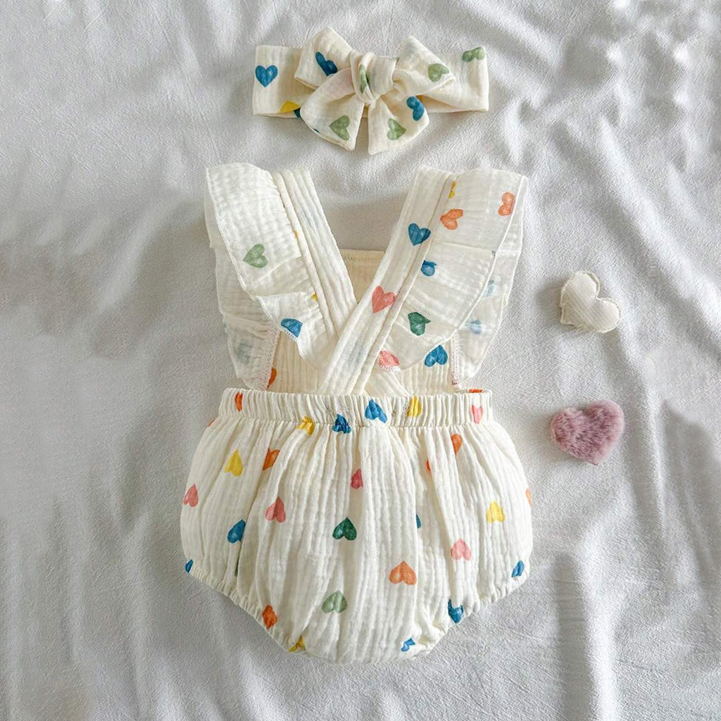 2PCS Casual All-over Heart Print Flutter Sleeve Baby Romper