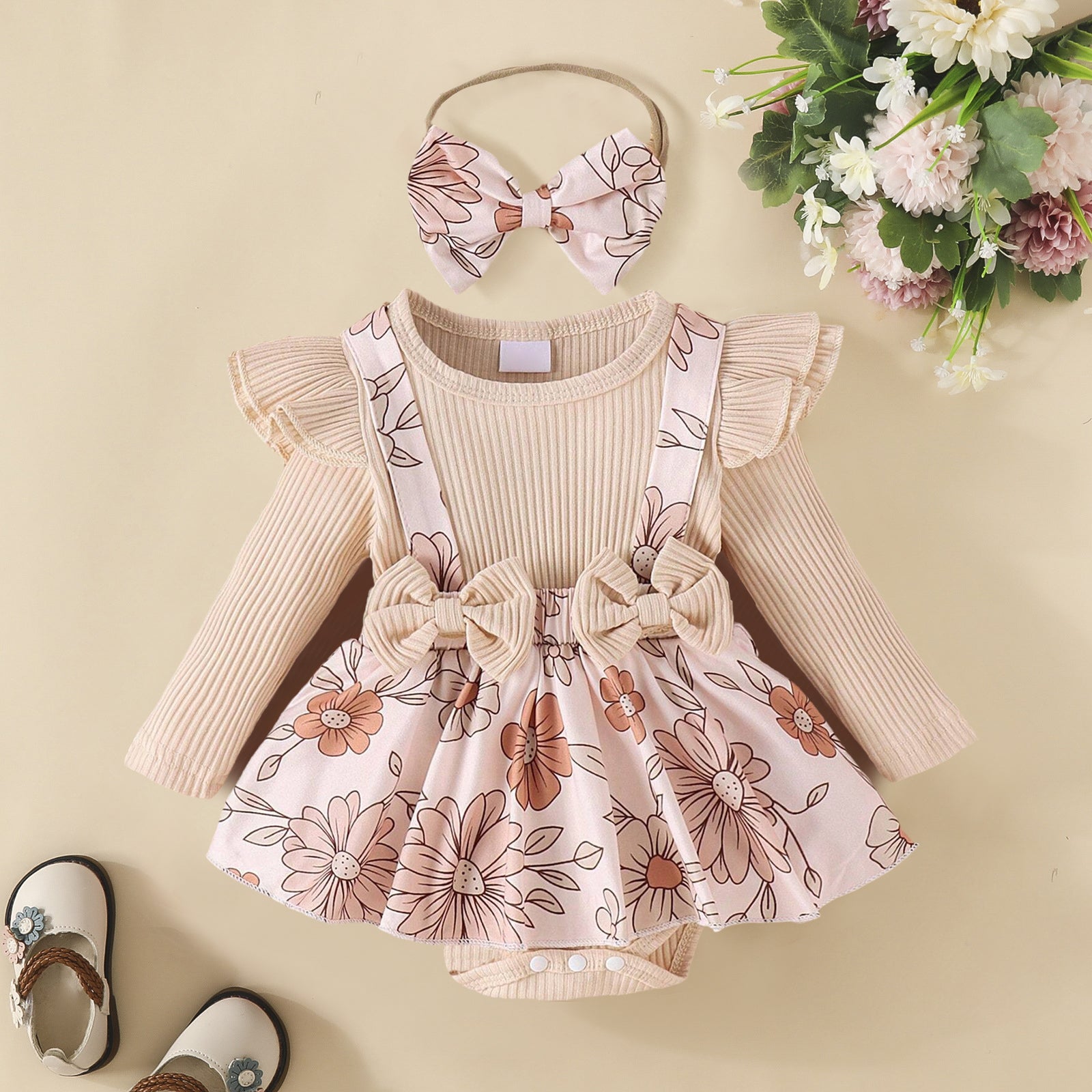 2PCS Pretty Floral Printed Long Sleeve Baby Girl Romper